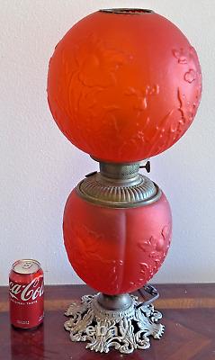 Old 1890 Red Satin Amberina Flower Electric Kerosene Oil Gone With The Wind Lamp