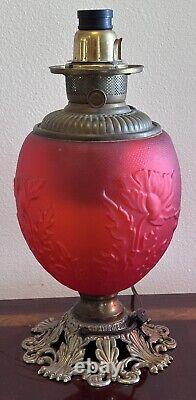 Old 1890 Red Satin Amberina Flower Electric Kerosene Oil Gone With The Wind Lamp