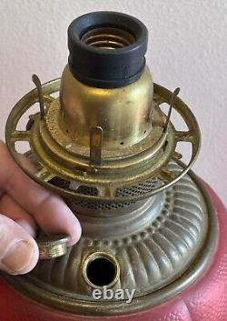 Old 1890 Red Satin Amberina Flower Electric Kerosene Oil Gone With The Wind Lamp