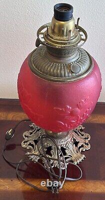 Old 1890 Red Satin Amberina Flower Electric Kerosene Oil Gone With The Wind Lamp