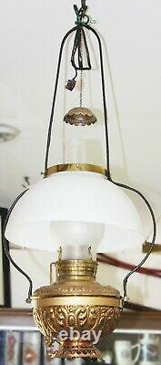 Old Antique B & H Ornate Brass COUNTRY STORE HANGING LAMP Electrified Oil Lamp