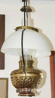 Old Antique B & H Ornate Brass COUNTRY STORE HANGING LAMP Electrified Oil Lamp