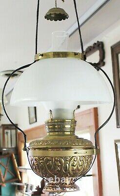 Old Antique B & H Ornate Brass COUNTRY STORE HANGING LAMP Electrified Oil Lamp