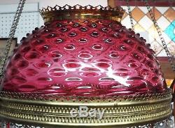 Old Antique Brass CRANBERRY HOBNAIL Electrified HANGING LIBRARY LAMP Jeweled