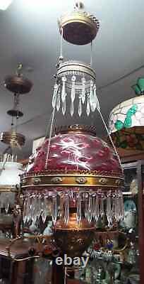 Old Antique Brass HANGING OIL LAMP with CRANBERRY BULLSEYE Shade Jeweled Frame