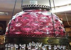 Old Antique Brass HANGING OIL LAMP with CRANBERRY BULLSEYE Shade Jeweled Frame