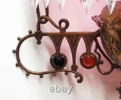 Old Antique Brass HANGING OIL LAMP with CRANBERRY BULLSEYE Shade Jeweled Frame