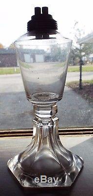 Old Antique Clear Glass Hexagon Base Plain WHALE OIL LAMP With BURNER