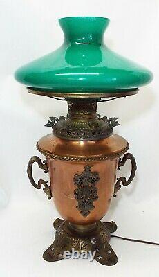 Old Antique Copper URN STYLE Electrified Oil LAMP with Green Cased Shade WORKS