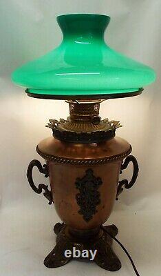 Old Antique Copper URN STYLE Electrified Oil LAMP with Green Cased Shade WORKS