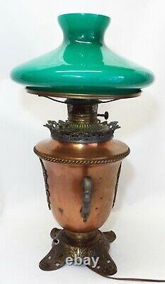 Old Antique Copper URN STYLE Electrified Oil LAMP with Green Cased Shade WORKS