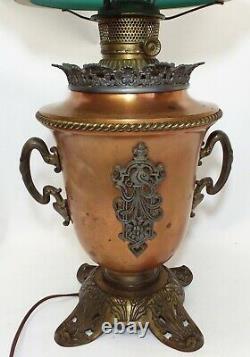 Old Antique Copper URN STYLE Electrified Oil LAMP with Green Cased Shade WORKS