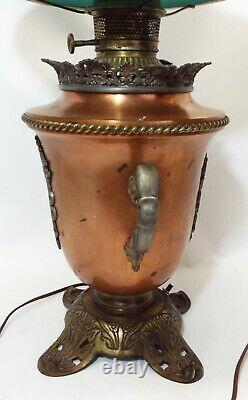 Old Antique Copper URN STYLE Electrified Oil LAMP with Green Cased Shade WORKS