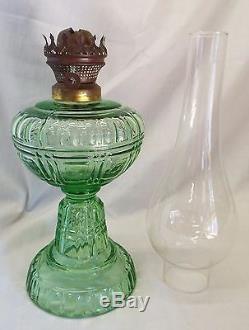 Old Antique FLUTE & BLOCK Pattern GREEN Glass OIL LAMP with Chimney