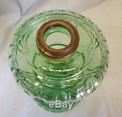 Old Antique FLUTE & BLOCK Pattern GREEN Glass OIL LAMP with Chimney