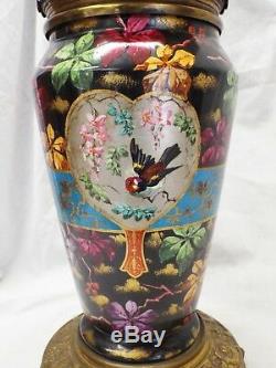 Old Antique LARGE Brass & Porcelain BIRD Leaves Floral BANQUET OIL LAMP BASE