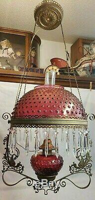 Old Antique Victorian 1880's Hanging Cranberry Copper Kerosene Oil Lamp Light