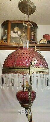 Old Antique Victorian 1880's Hanging Cranberry Copper Kerosene Oil Lamp Light