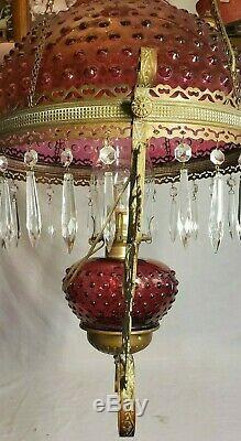 Old Antique Victorian 1880's Hanging Cranberry Copper Kerosene Oil Lamp Light