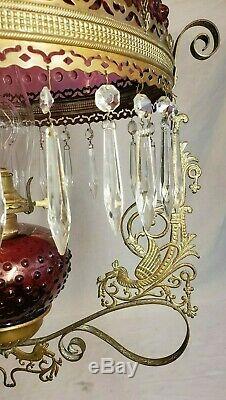 Old Antique Victorian 1880's Hanging Cranberry Copper Kerosene Oil Lamp Light