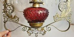 Old Antique Victorian 1880's Hanging Cranberry Copper Kerosene Oil Lamp Light