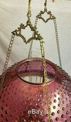 Old Antique Victorian 1880's Hanging Cranberry Copper Kerosene Oil Lamp Light