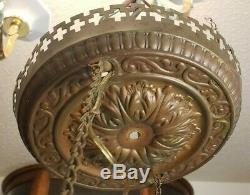 Old Antique Victorian 1880's Hanging Cranberry Copper Kerosene Oil Lamp Light