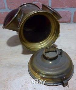 Old Brass Ships Boat Lantern double red concave lenses oil lamp top handle light