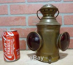 Old Brass Ships Boat Lantern double red concave lenses oil lamp top handle light