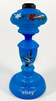 Opaline Blue Bristol Glass Oil Lamp Kerosene Hand Painted Bird, Flower with Burner