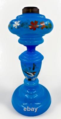 Opaline Blue Bristol Glass Oil Lamp Kerosene Hand Painted Bird, Flower with Burner