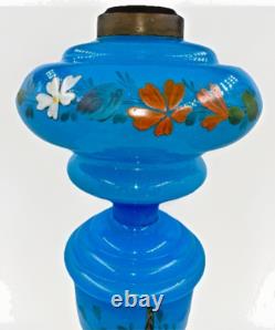 Opaline Blue Bristol Glass Oil Lamp Kerosene Hand Painted Bird, Flower with Burner