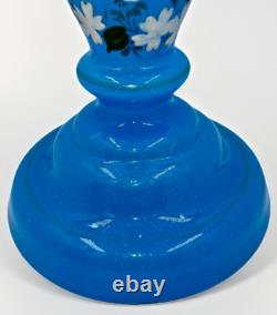 Opaline Blue Bristol Glass Oil Lamp Kerosene Hand Painted Bird, Flower with Burner