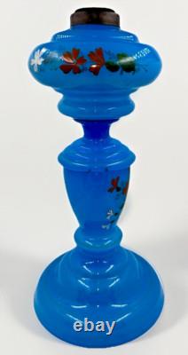 Opaline Blue Bristol Glass Oil Lamp Kerosene Hand Painted Bird, Flower with Burner