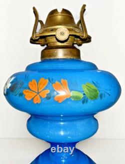 Opaline Blue Bristol Glass Oil Lamp Kerosene Hand Painted Bird, Flower with Burner
