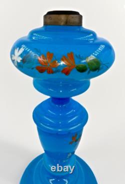 Opaline Blue Bristol Glass Oil Lamp Kerosene Hand Painted Bird, Flower with Burner