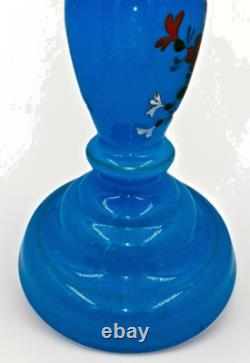 Opaline Blue Bristol Glass Oil Lamp Kerosene Hand Painted Bird, Flower with Burner