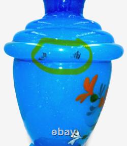 Opaline Blue Bristol Glass Oil Lamp Kerosene Hand Painted Bird, Flower with Burner