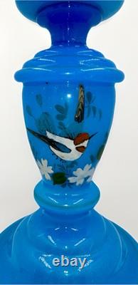 Opaline Blue Bristol Glass Oil Lamp Kerosene Hand Painted Bird, Flower with Burner