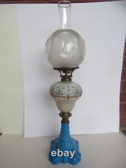 Orig 19th Century Boston & Sandwich Glass Blue Baroque Painted Font Oil Lamp
