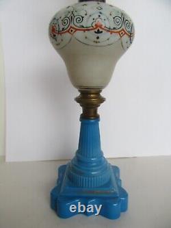 Orig 19th Century Boston & Sandwich Glass Blue Baroque Painted Font Oil Lamp