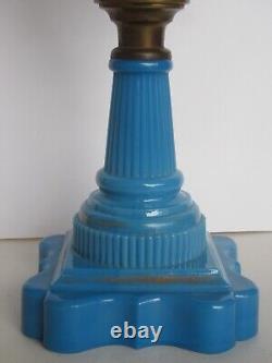 Orig 19th Century Boston & Sandwich Glass Blue Baroque Painted Font Oil Lamp