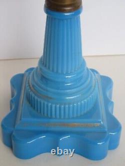 Orig 19th Century Boston & Sandwich Glass Blue Baroque Painted Font Oil Lamp