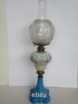 Orig 19th Century Boston & Sandwich Glass Blue Baroque Painted Font Oil Lamp