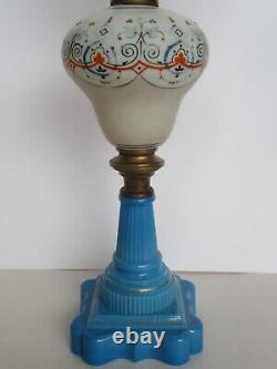 Orig 19th Century Boston & Sandwich Glass Blue Baroque Painted Font Oil Lamp