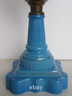 Orig 19th Century Boston & Sandwich Glass Blue Baroque Painted Font Oil Lamp