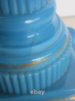 Orig 19th Century Boston & Sandwich Glass Blue Baroque Painted Font Oil Lamp