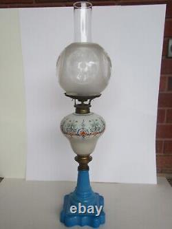 Orig 19th Century Boston & Sandwich Glass Blue Baroque Painted Font Oil Lamp