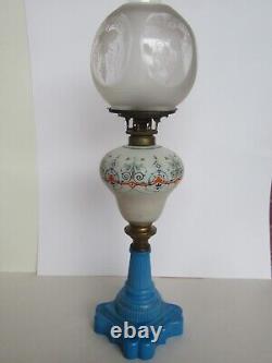 Orig 19th Century Boston & Sandwich Glass Blue Baroque Painted Font Oil Lamp