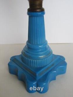 Orig 19th Century Boston & Sandwich Glass Blue Baroque Painted Font Oil Lamp